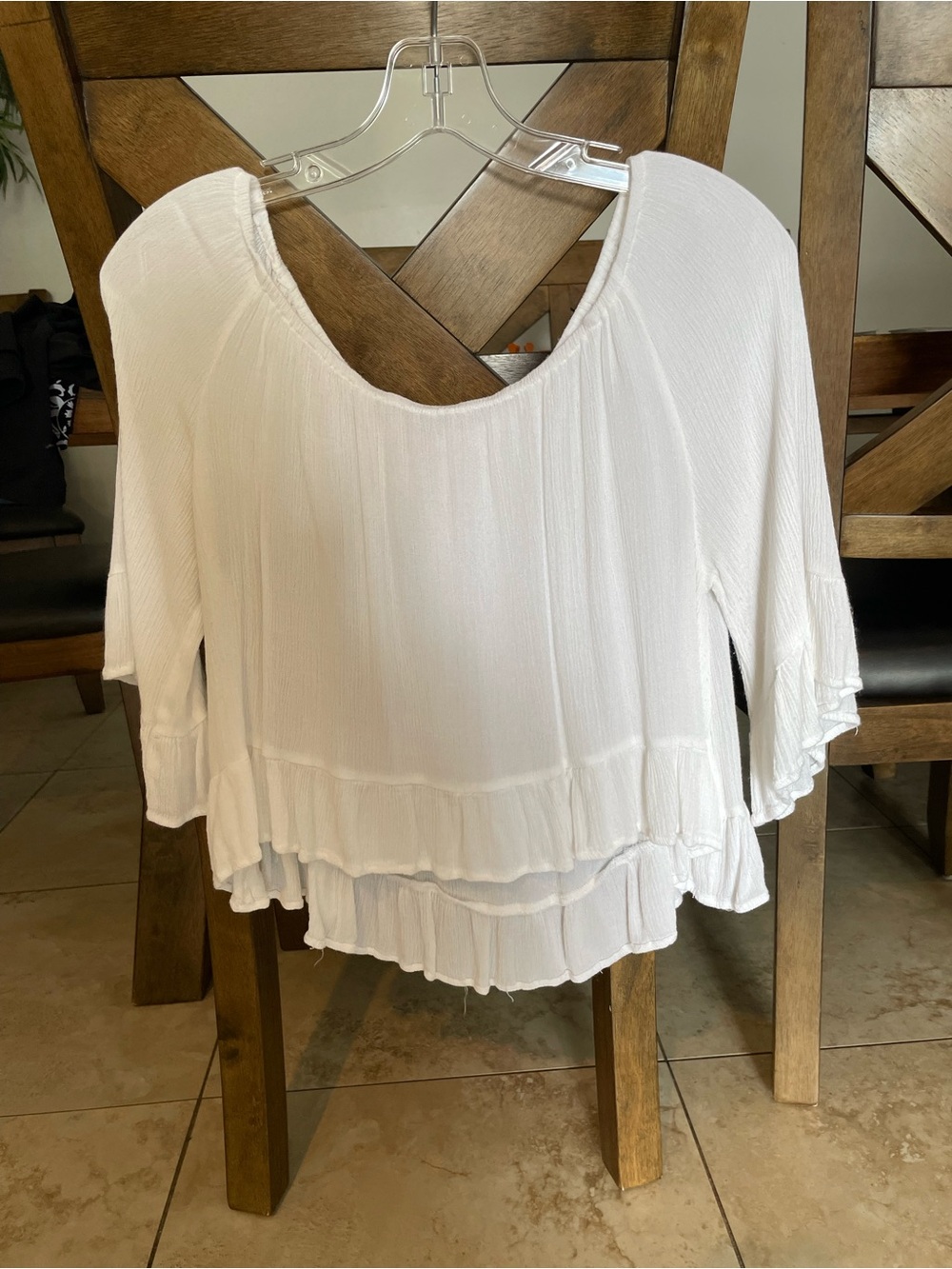 White Layered Ruffle Women's Blouse with Scoop Neck